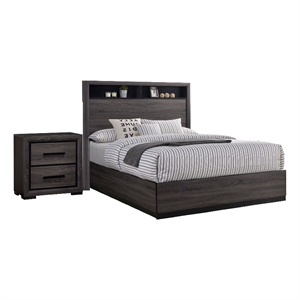 Queen Bedroom Set in Gray & Black Wood - 2 Piece Set with Nightstand