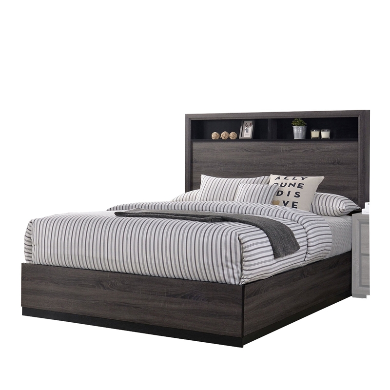 Queen Bedroom Set in Gray & Black Wood - 3 Piece Set with 2 Nightstands