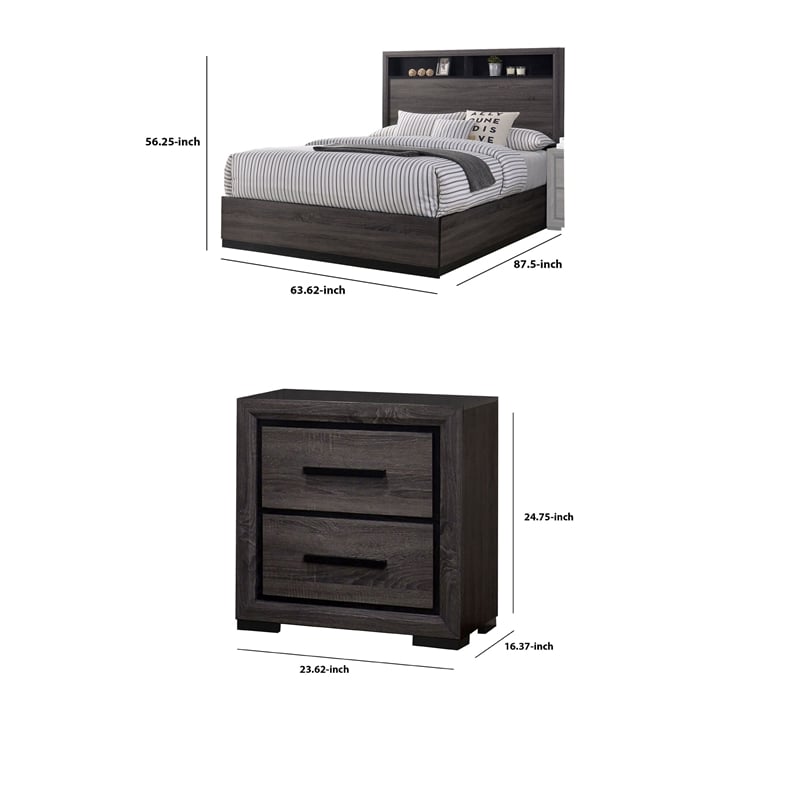 Queen Bedroom Set in Gray & Black Wood - 3 Piece Set with 2 Nightstands