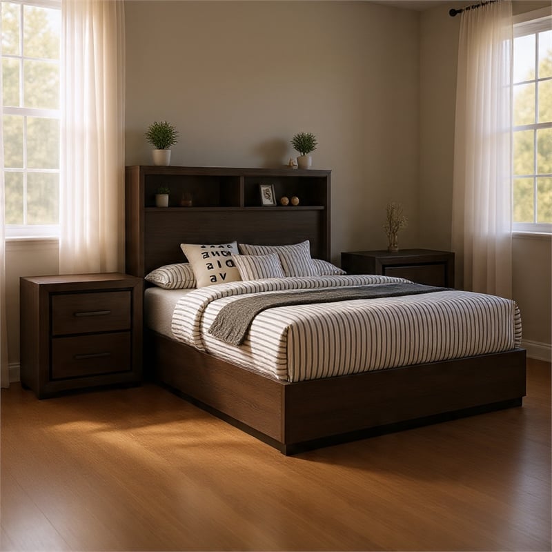 Queen Bedroom Set in Gray & Black Wood - 3 Piece Set with 2 Nightstands