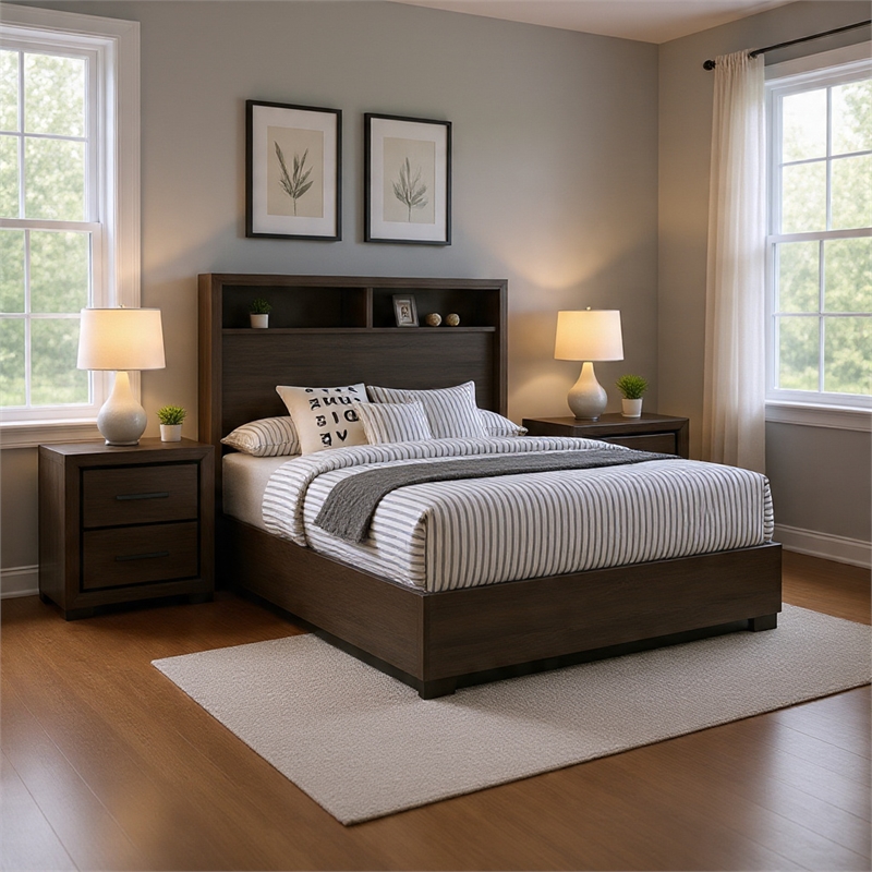 Queen Bedroom Set in Gray & Black Wood - 3 Piece Set with 2 Nightstands
