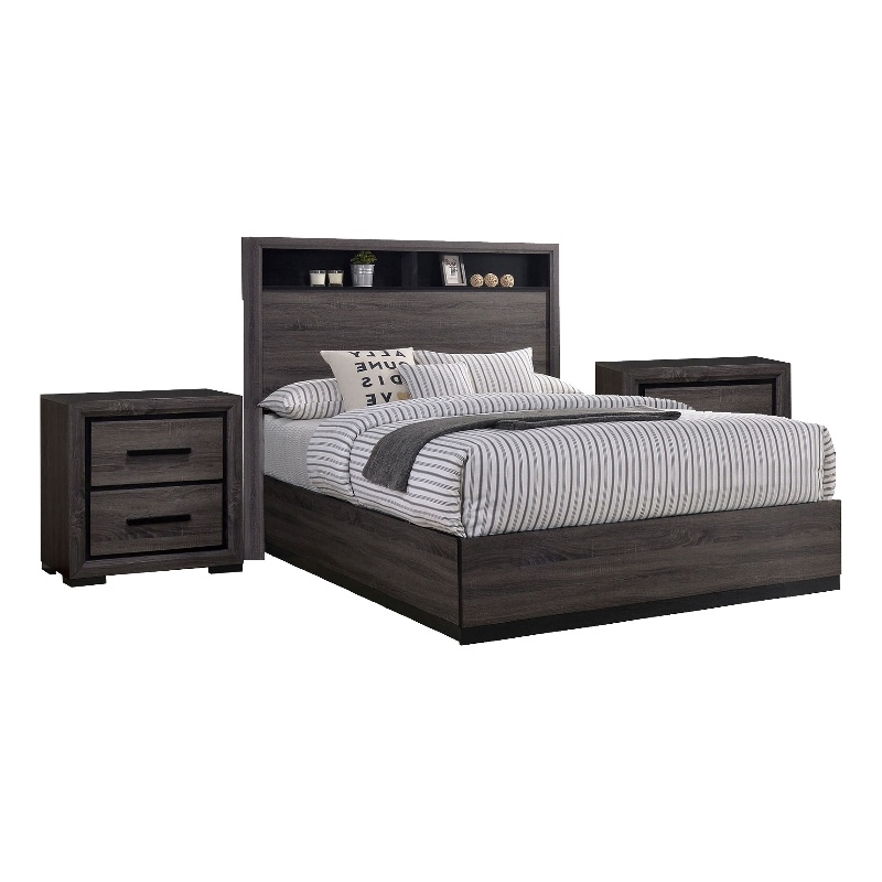 Queen Bedroom Set in Gray & Black Wood - 3 Piece Set with 2 Nightstands