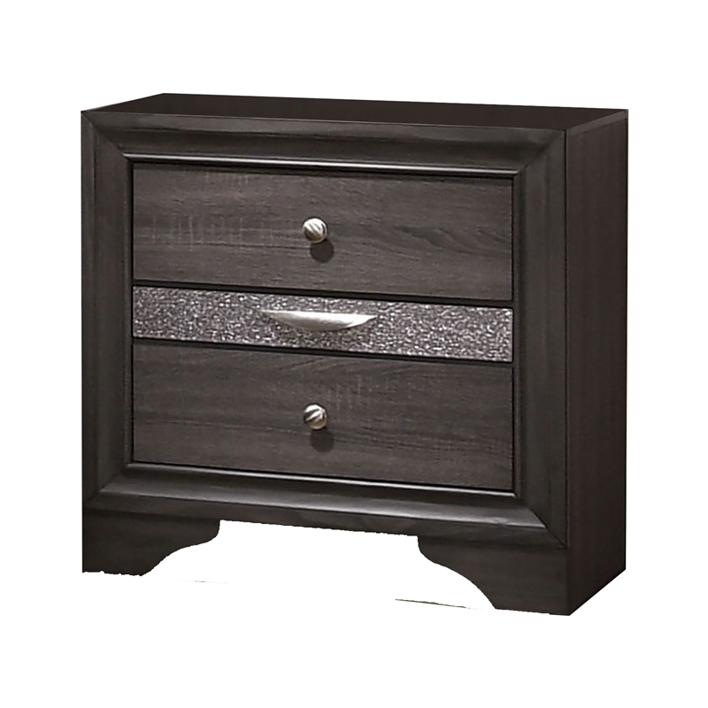 Queen Bedroom Set in Gray & Silver w Brown Wood Accent-2 Piece Set w Nightstand