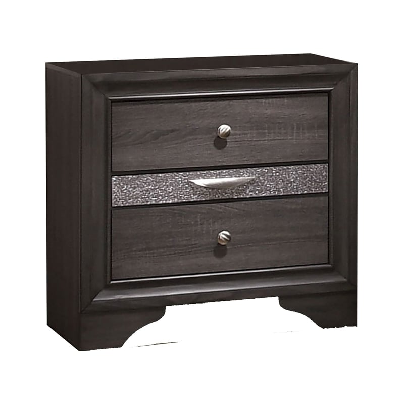 Queen Bedroom Set in Gray & Silver w Brown Wood Accent-2 Piece Set w Nightstand