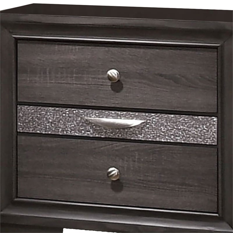 Queen Bedroom Set in Gray & Silver w Brown Wood Accent-2 Piece Set w Nightstand