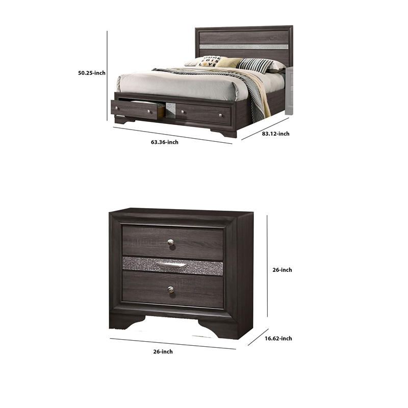 Queen Bedroom Set in Gray & Silver w Brown Wood Accent-2 Piece Set w Nightstand