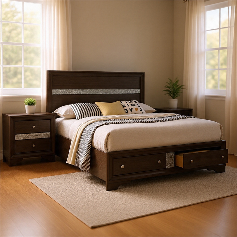 Queen Bedroom Set in Gray & Silver w Brown Wood Accent-2 Piece Set w Nightstand