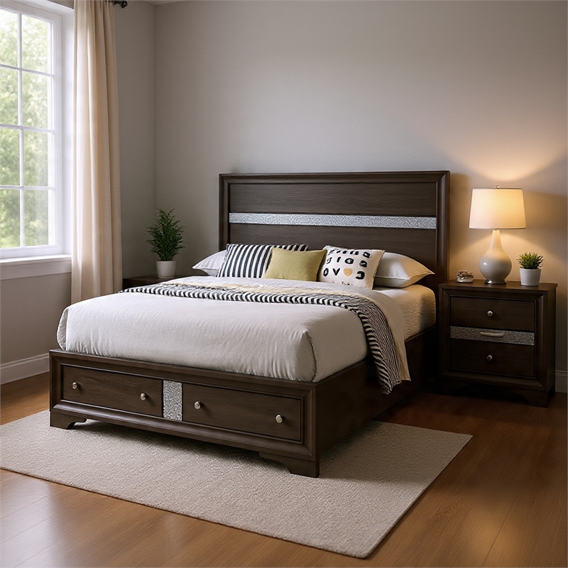 Queen Bedroom Set in Gray & Silver w Brown Wood Accent-2 Piece Set w Nightstand