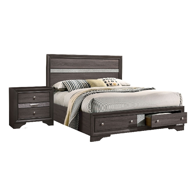 Queen Bedroom Set in Gray & Silver w Brown Wood Accent-2 Piece Set w Nightstand
