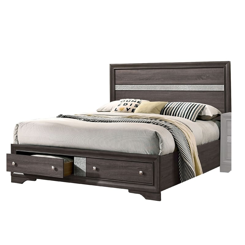 Queen Bedroom Set in Gray Silver w Brown Wood Accent-3 Piece Set w 2 Nightstand