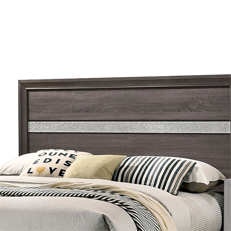 Queen Bedroom Set in Gray Silver w Brown Wood Accent-3 Piece Set w 2 Nightstand