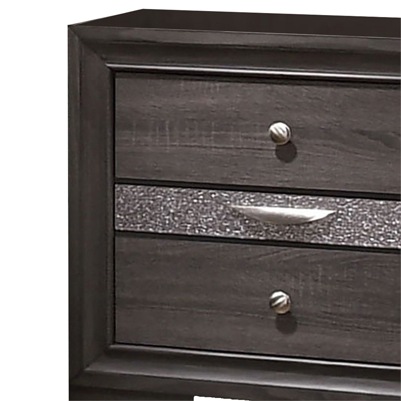 Queen Bedroom Set in Gray Silver w Brown Wood Accent-3 Piece Set w 2 Nightstand