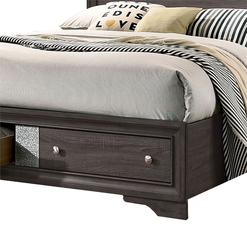 Queen Bedroom Set in Gray Silver w Brown Wood Accent-3 Piece Set w 2 Nightstand