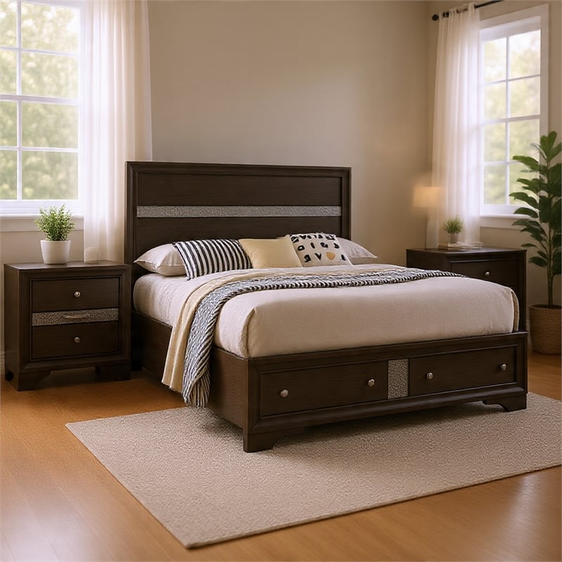 Queen Bedroom Set in Gray Silver w Brown Wood Accent-3 Piece Set w 2 Nightstand