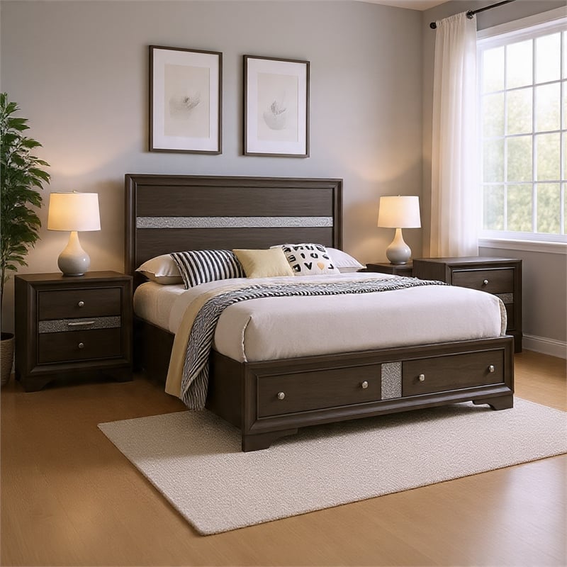 Queen Bedroom Set in Gray Silver w Brown Wood Accent-3 Piece Set w 2 Nightstand