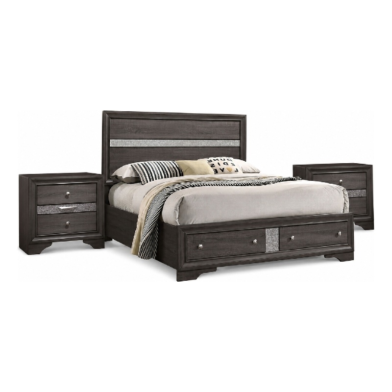 Queen Bedroom Set in Gray Silver w Brown Wood Accent-3 Piece Set w 2 Nightstand