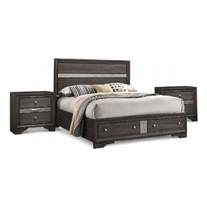 Queen Bedroom Set in Gray Silver w Brown Wood Accent-3 Piece Set w 2 Nightstand