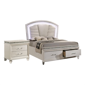 Queen Bedroom Set in Pearl White & Silver w Wood Accent-2 Piece Set w Nightstand