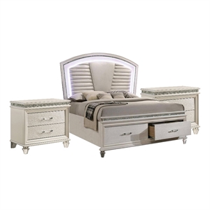 Queen Bedroom Set in Pearl White Silver w Wood Accent-3 Piece Set w 2 Nightstand