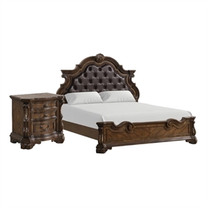 Queen Bedroom Set in Dark Brown & Bronze w Brown Wood -2 Piece Set w Nightstand