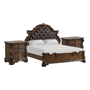 Queen Bedroom Set in Dark Brown & Bronze w Brown Wood-3 Piece Set w 2 Nightstand