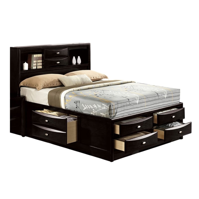 Queen Bedroom Set in Black & Nickel Wood - 2 Piece Set with Nightstand