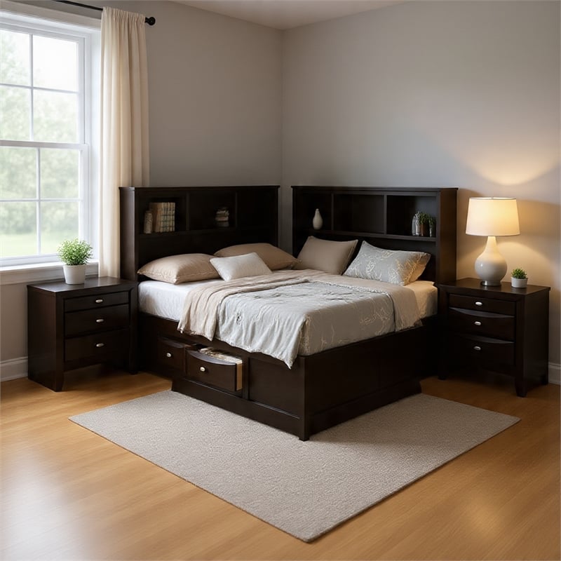Queen Bedroom Set in Black & Nickel Wood - 2 Piece Set with Nightstand