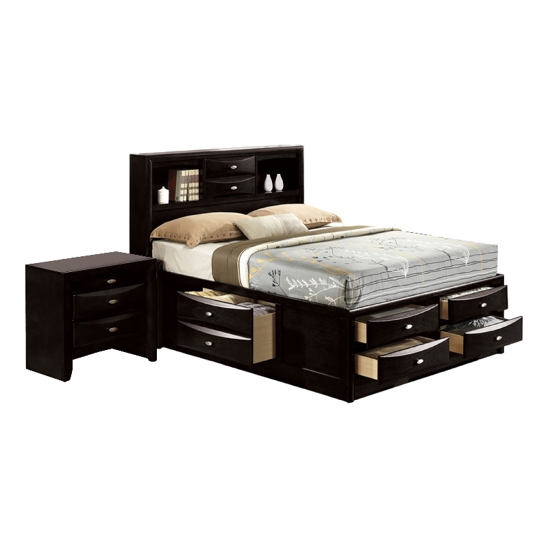 Queen Bedroom Set in Black & Nickel Wood - 2 Piece Set with Nightstand