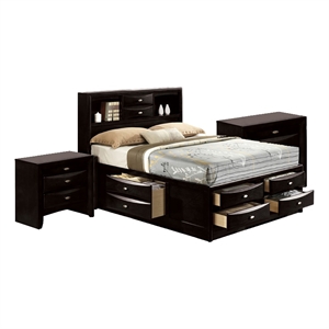 Queen Bedroom Set in Black & Nickel Wood - 3 Piece Set with 2 Nightstands