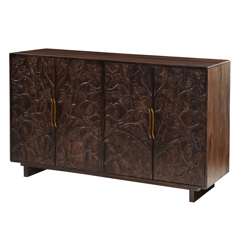 Benzara 4 Door Buffet Cabinet with Handcarved Floral Motifs in Brown