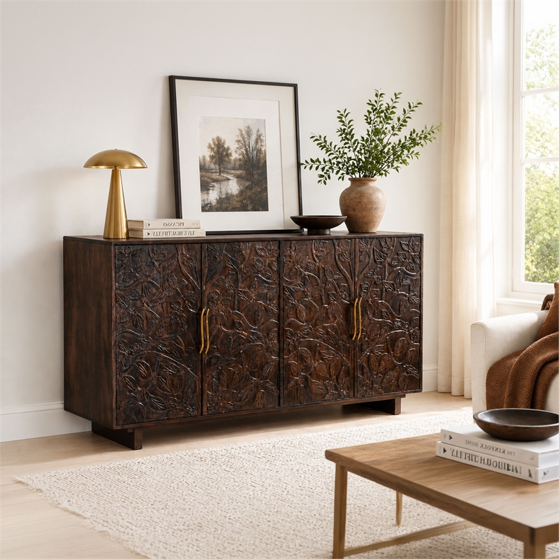 Benzara 4 Door Buffet Cabinet with Handcarved Floral Motifs in Brown