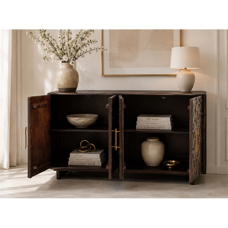 Benzara 4 Door Buffet Cabinet with Handcarved Floral Motifs in Brown