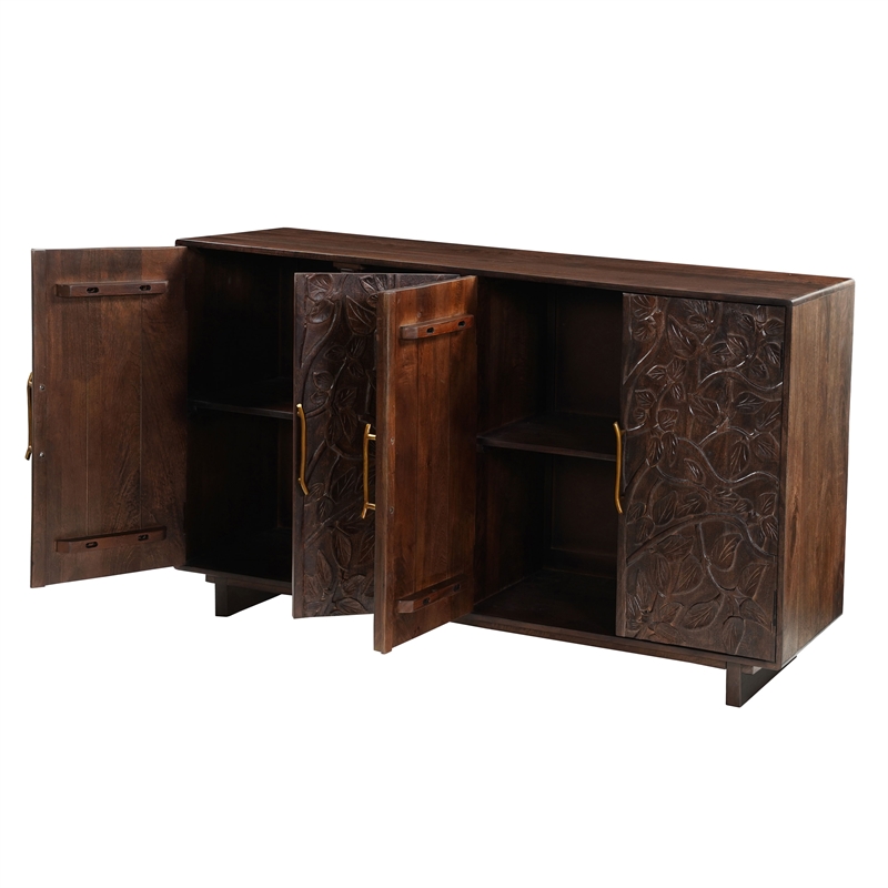 Benzara 4 Door Buffet Cabinet with Handcarved Floral Motifs in Brown