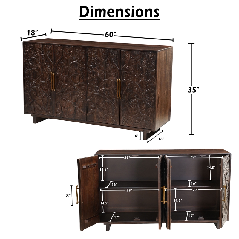 Benzara 4 Door Buffet Cabinet with Handcarved Floral Motifs in Brown
