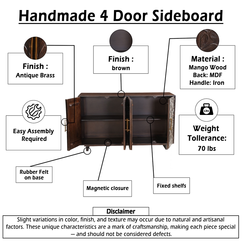 Benzara 4 Door Buffet Cabinet with Handcarved Floral Motifs in Brown