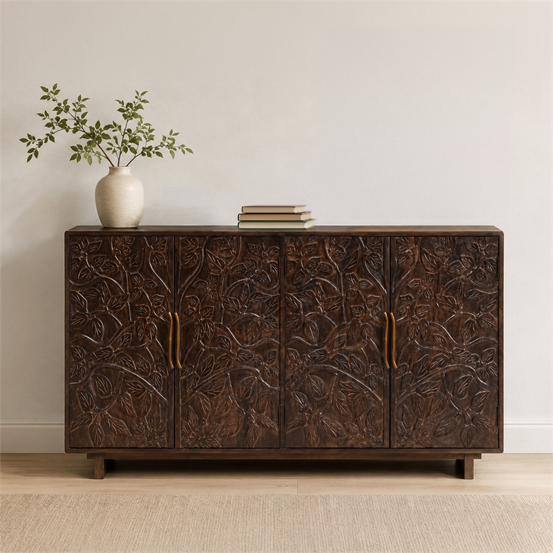 Benzara 4 Door Buffet Cabinet with Handcarved Floral Motifs in Brown