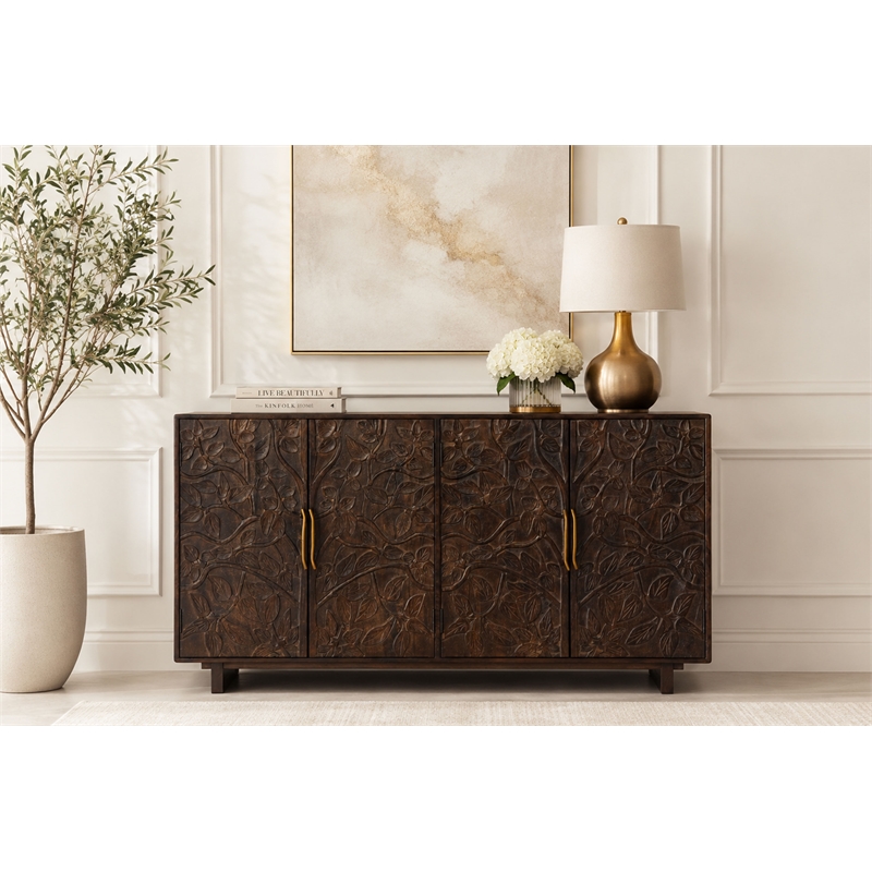 Benzara 4 Door Buffet Cabinet with Handcarved Floral Motifs in Brown