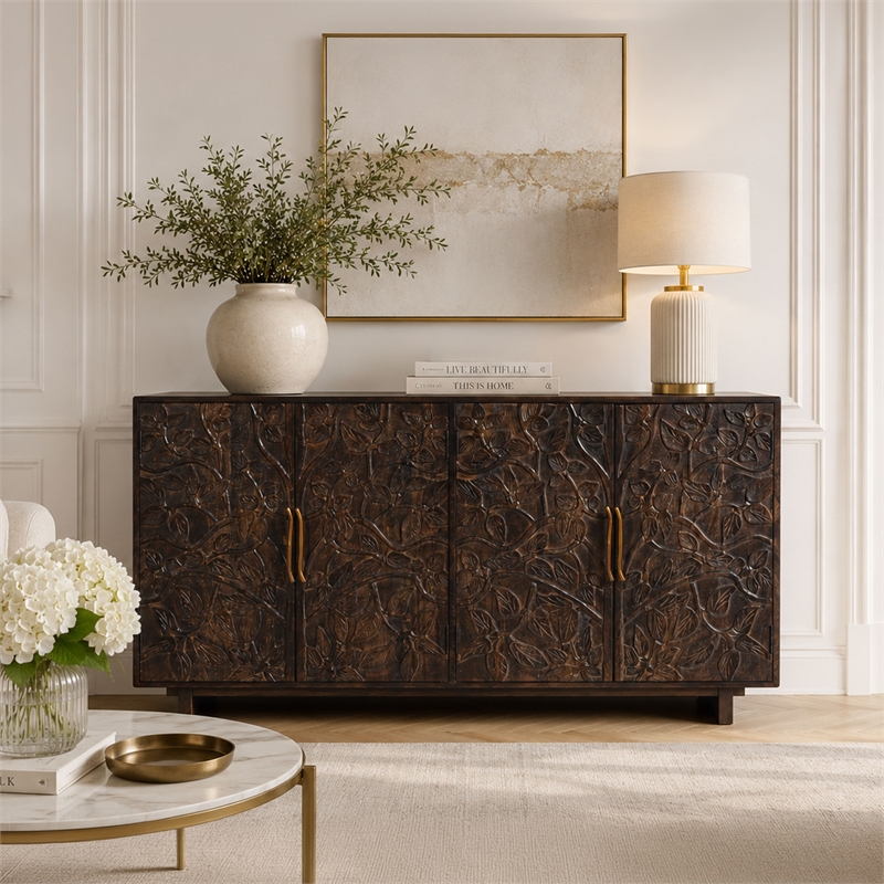 Benzara 4 Door Buffet Cabinet with Handcarved Floral Motifs in Brown