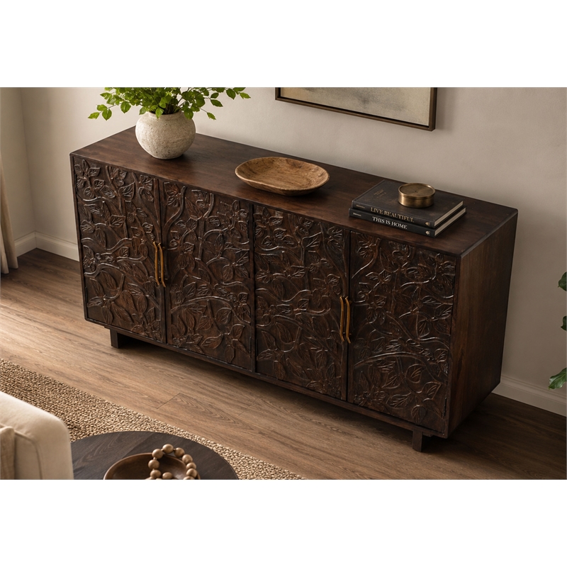 Benzara 4 Door Buffet Cabinet with Handcarved Floral Motifs in Brown
