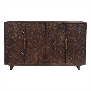 Benzara 4 Door Buffet Cabinet with Handcarved Floral Motifs in Brown