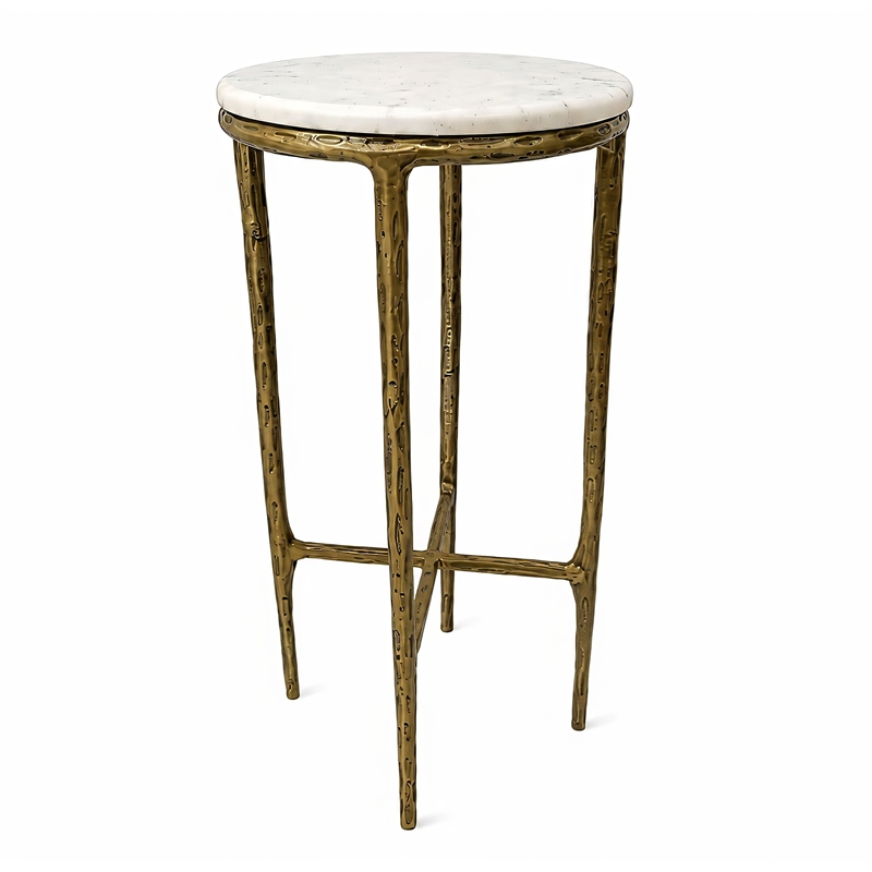 Benzara Accent Side End Table with White Marble Round Top in Brass Finish