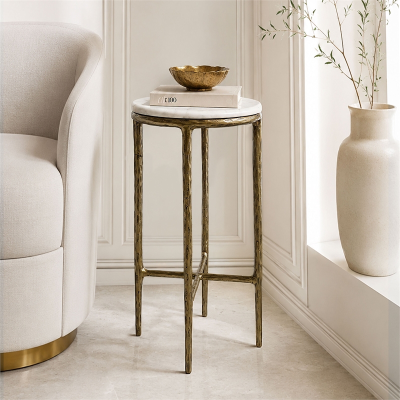 Benzara Accent Side End Table with White Marble Round Top in Brass Finish