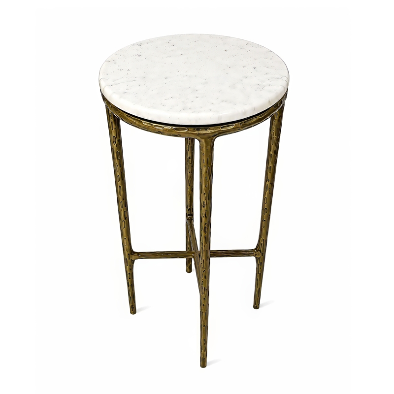 Benzara Accent Side End Table with White Marble Round Top in Brass Finish