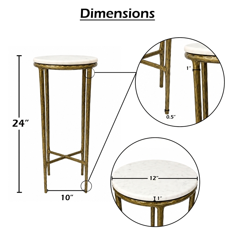 Benzara Accent Side End Table with White Marble Round Top in Brass Finish