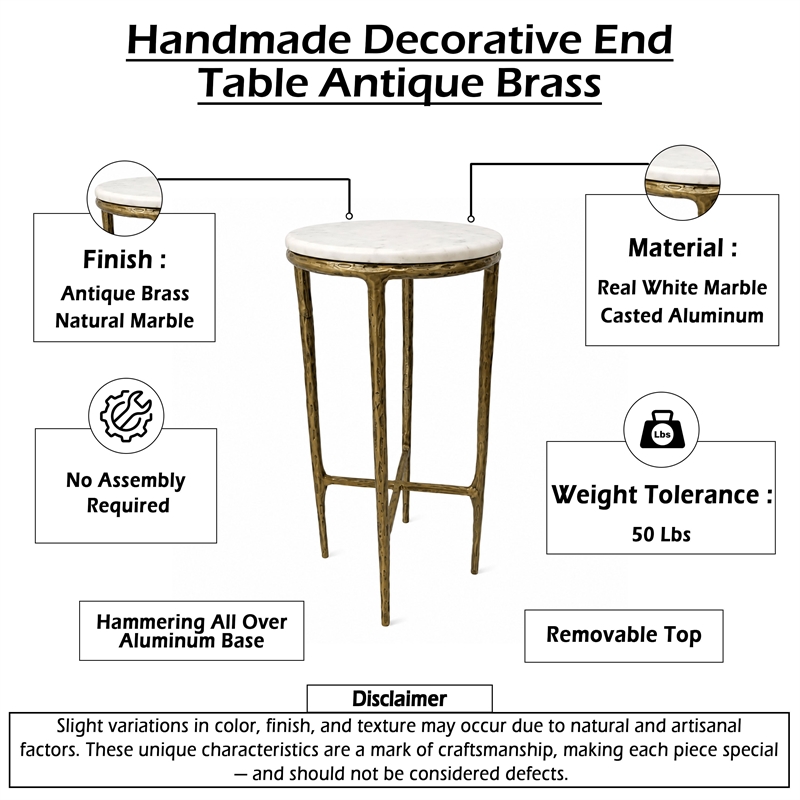Benzara Accent Side End Table with White Marble Round Top in Brass Finish