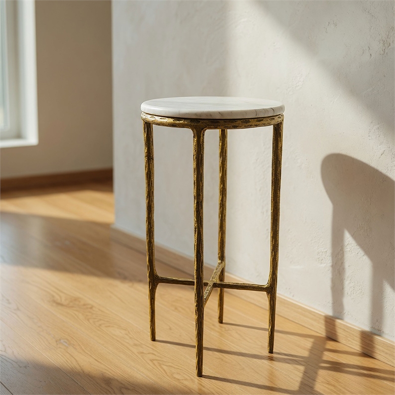 Benzara Accent Side End Table with White Marble Round Top in Brass Finish