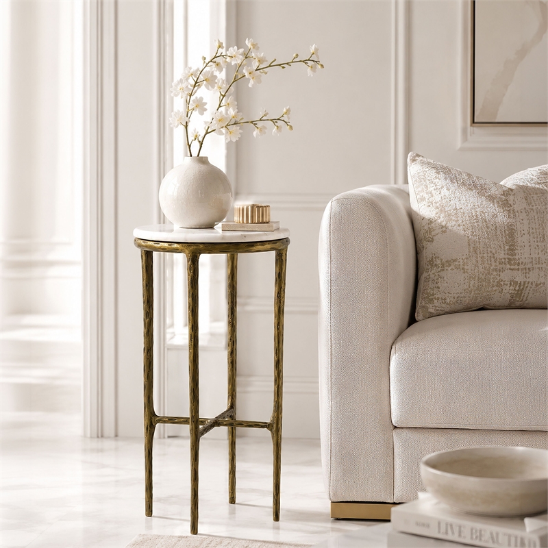 Benzara Accent Side End Table with White Marble Round Top in Brass Finish