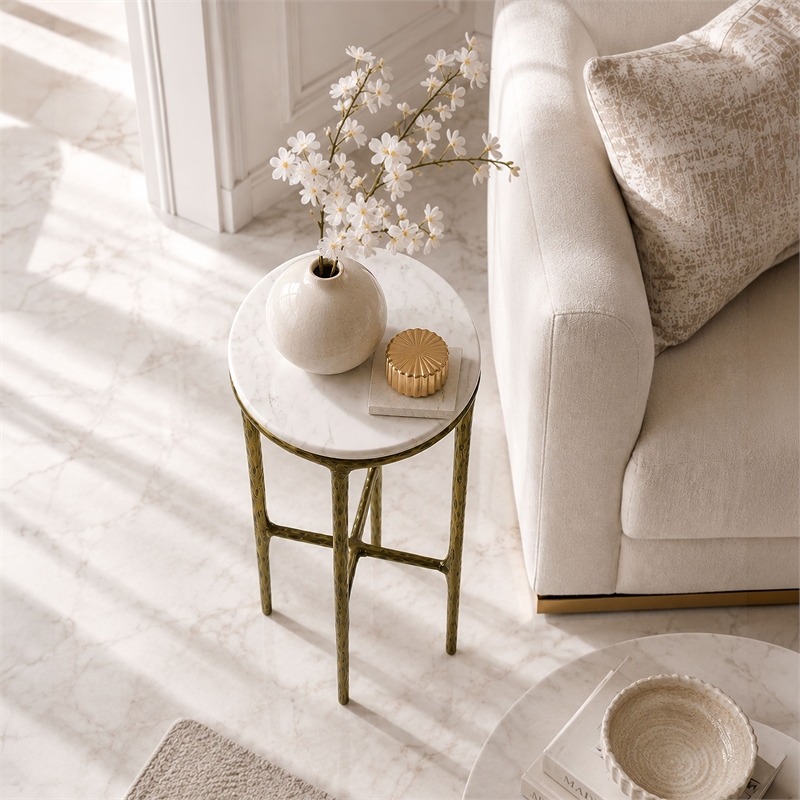 Benzara Accent Side End Table with White Marble Round Top in Brass Finish