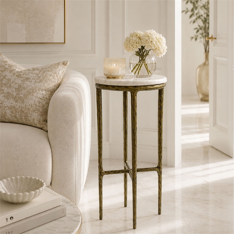 Benzara Accent Side End Table with White Marble Round Top in Brass Finish