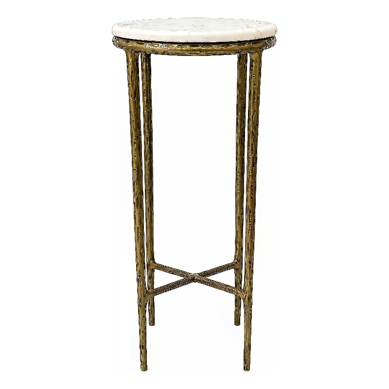 Benzara Accent Side End Table with White Marble Round Top in Brass Finish